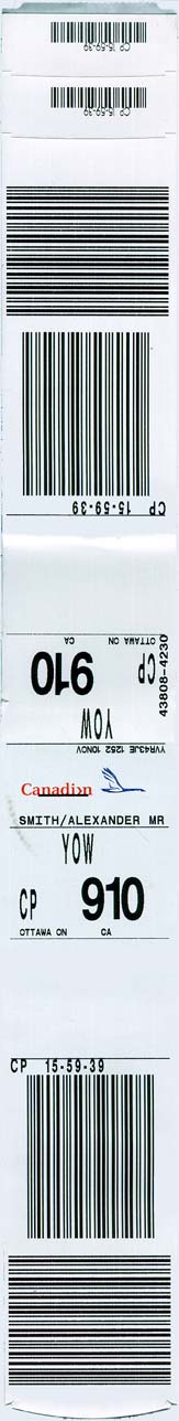 [Luggage Tag from YVR to YOW, front side]