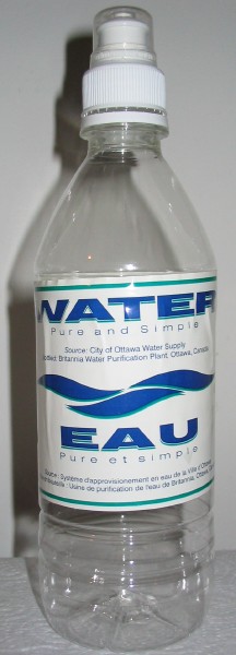 [Clear Plastic Water Bottle with a label saying Bottled: Britannia Water Purification Plant, Ottawa, Canada]