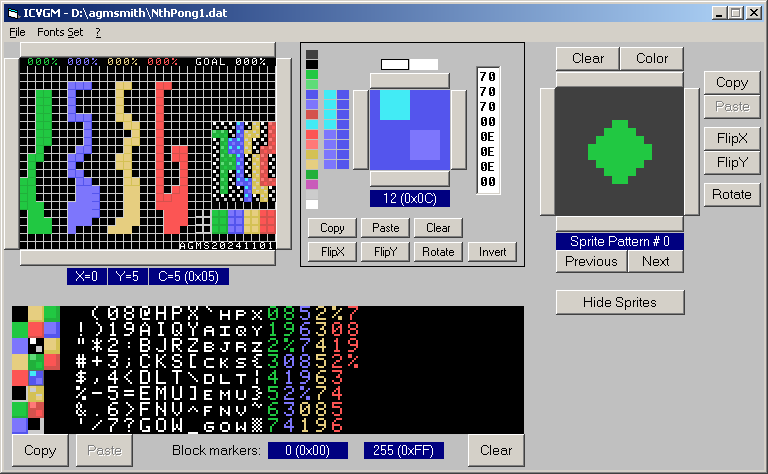 [Screen shot of ICVGM editing font and sprites]